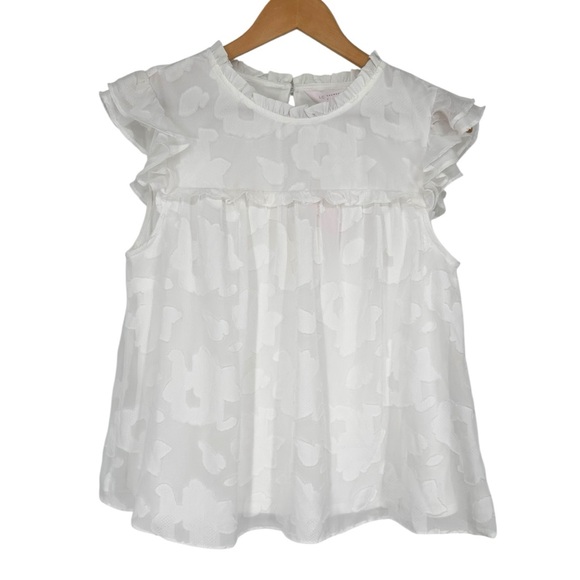 LC Lauren Conrad Tops - LC Lauren Conrad White Floral Flutter Cap Sleeve Blouse Medium Ruffle Trim Top